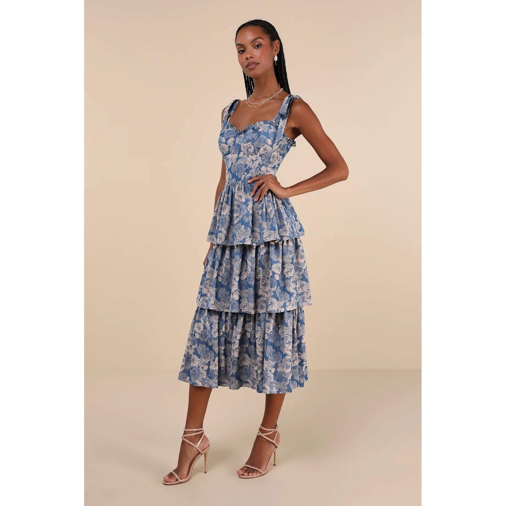 Lulus Lovely Bliss Blue Floral Jacquard Strapless Bustier Midi Dress Size Medium - Picture 3 of 10